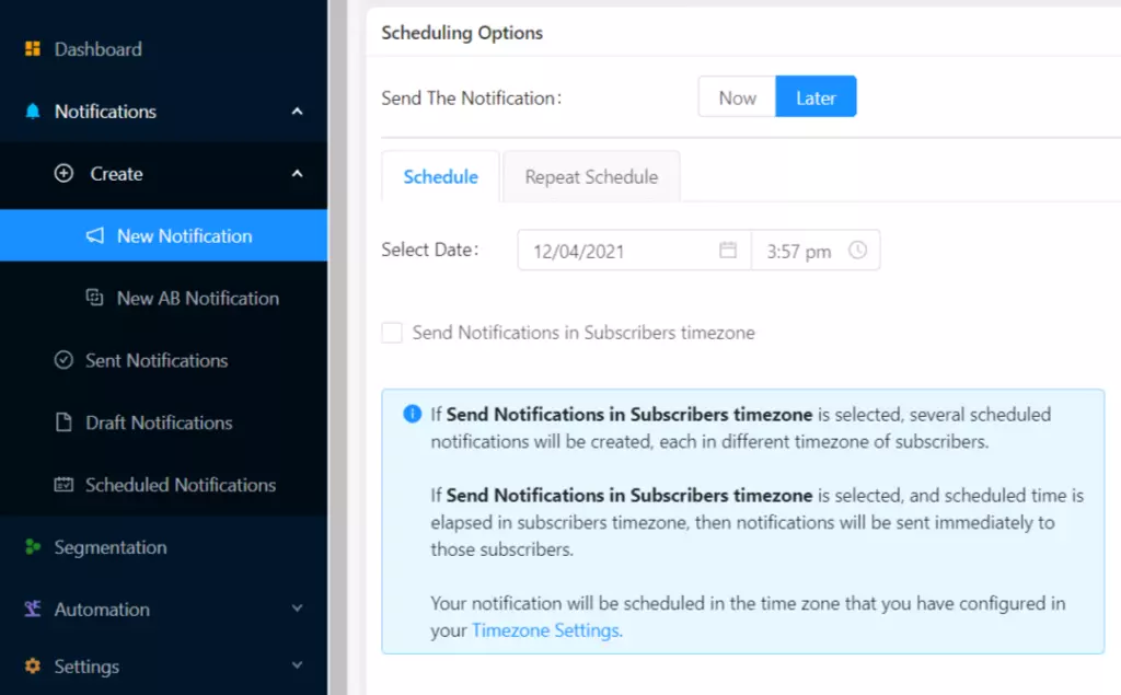 Scheduling notifications in PushEngage